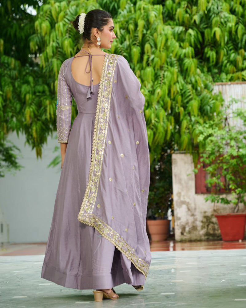 Lavender Color Vichitra Silk Sequence Embroidered Gown