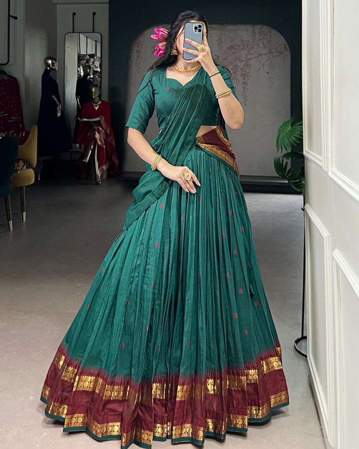 Elegant Teal Green Pure Chanderi Half Saree With Zari Weaving