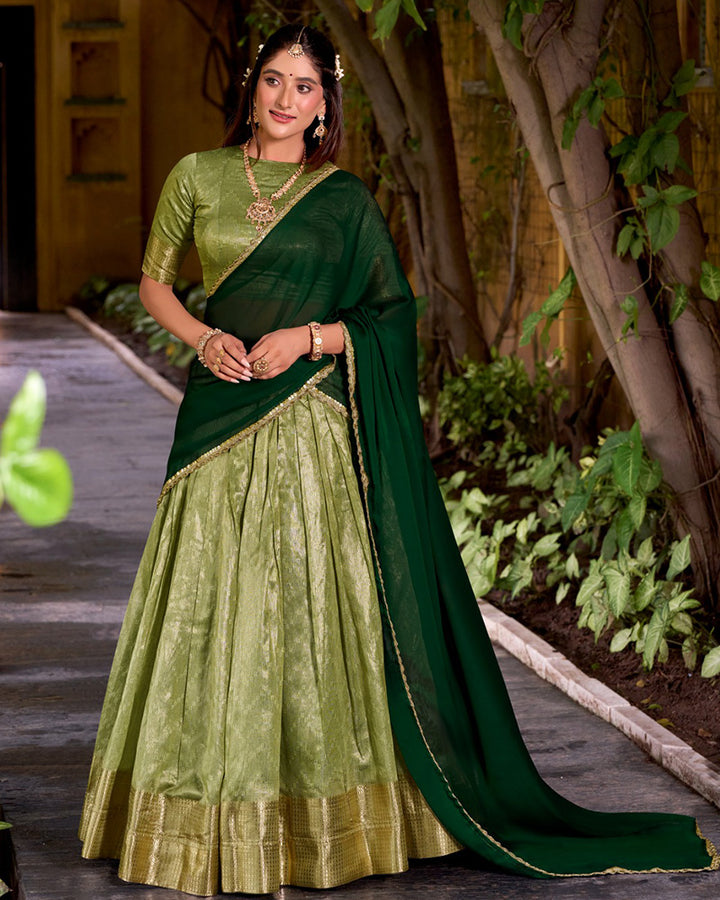 Pista Color Dupion Silk Zari Weaving Half Saree