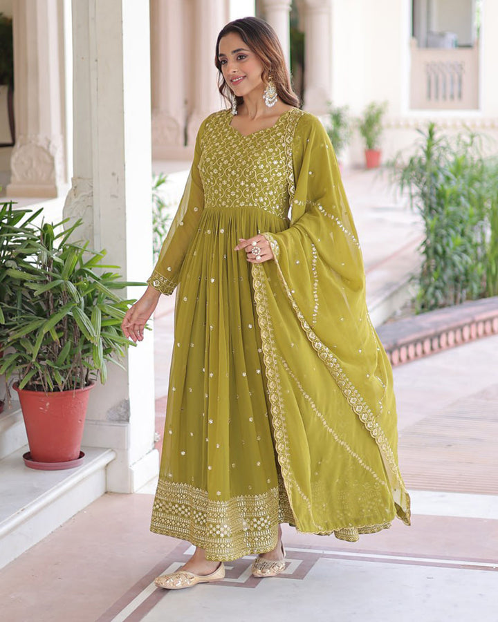 Mehndi Green Color Georgette Embroidered Designer Gown