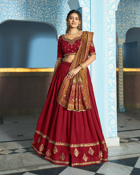 Elegant Maroon Embroidered Vichitra Silk Lehenga Choli