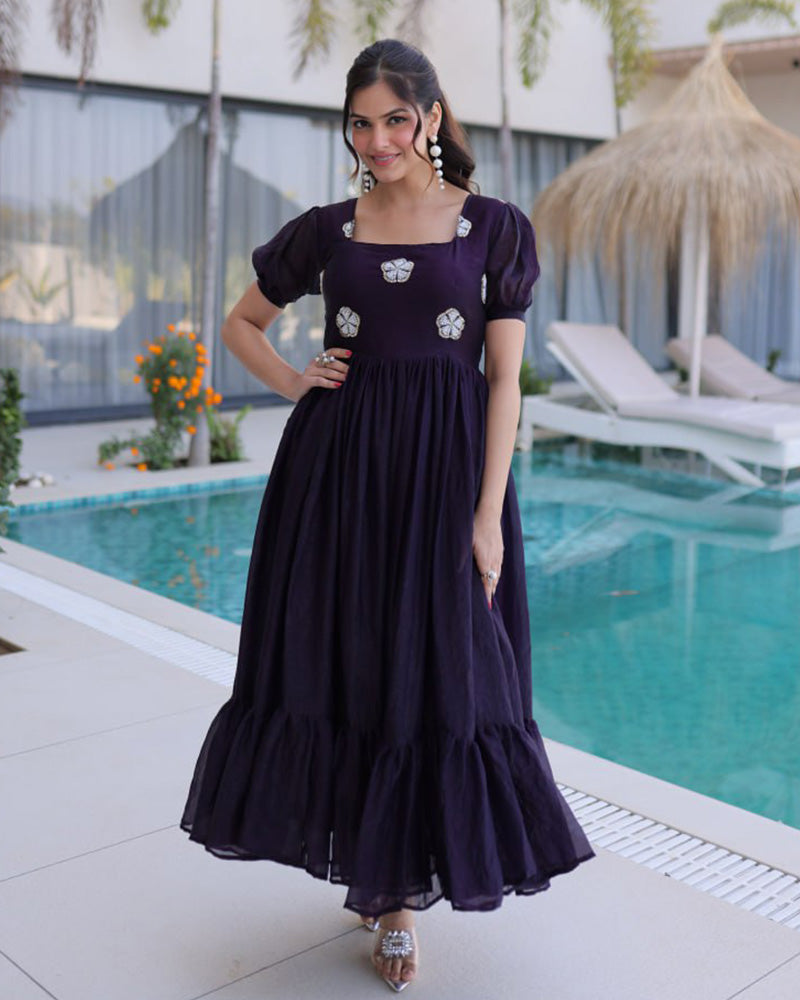 Dark Purple Color Fendi Silk Beads Embroidered Gown