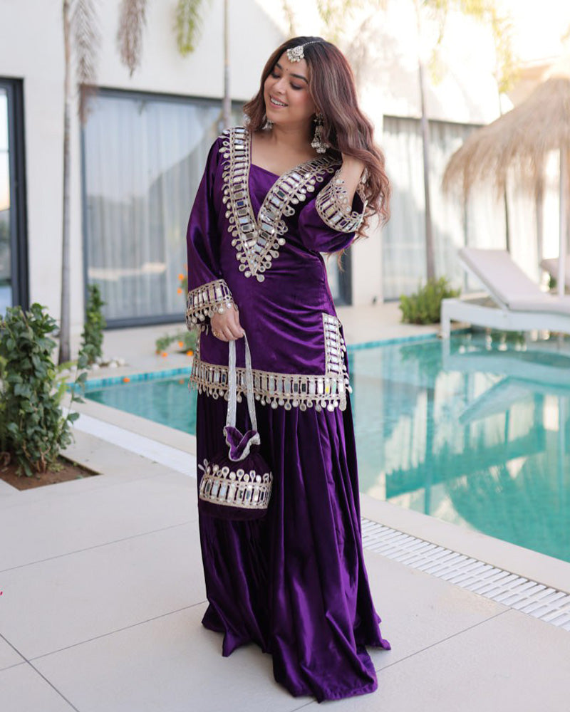 Deep Violet Color Ice Velvet Embroidered Plazzo Suit