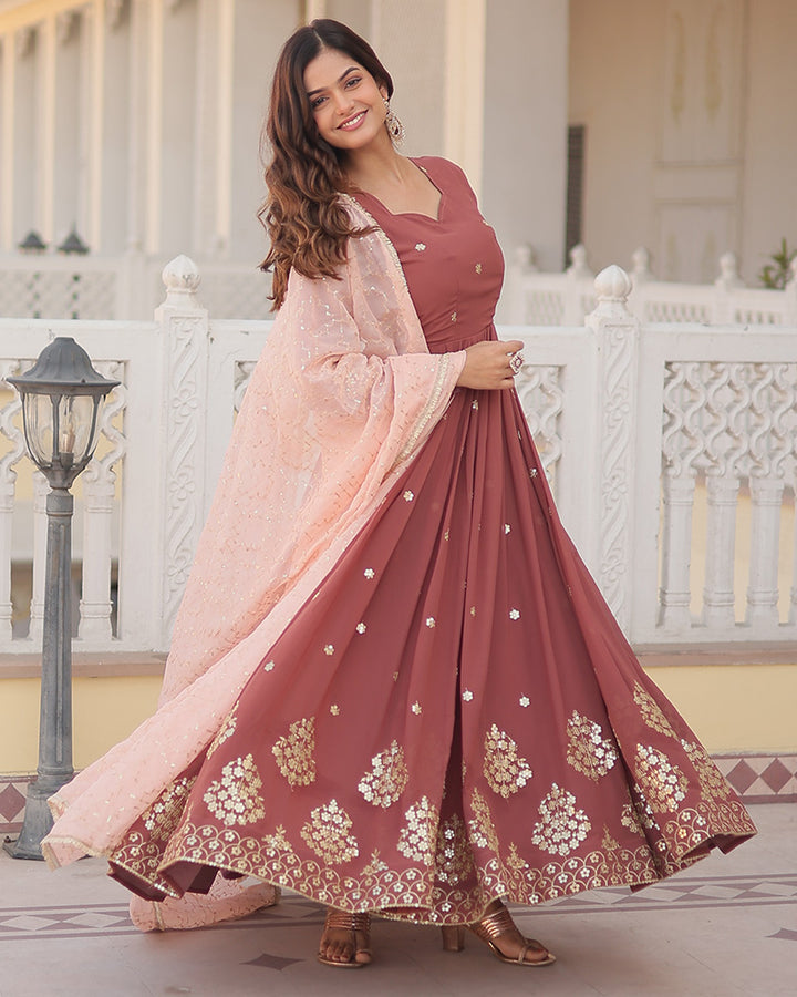 Chocolate Color Full Floor Length Anarkali Gown With Sequence Embroidery Dupatta