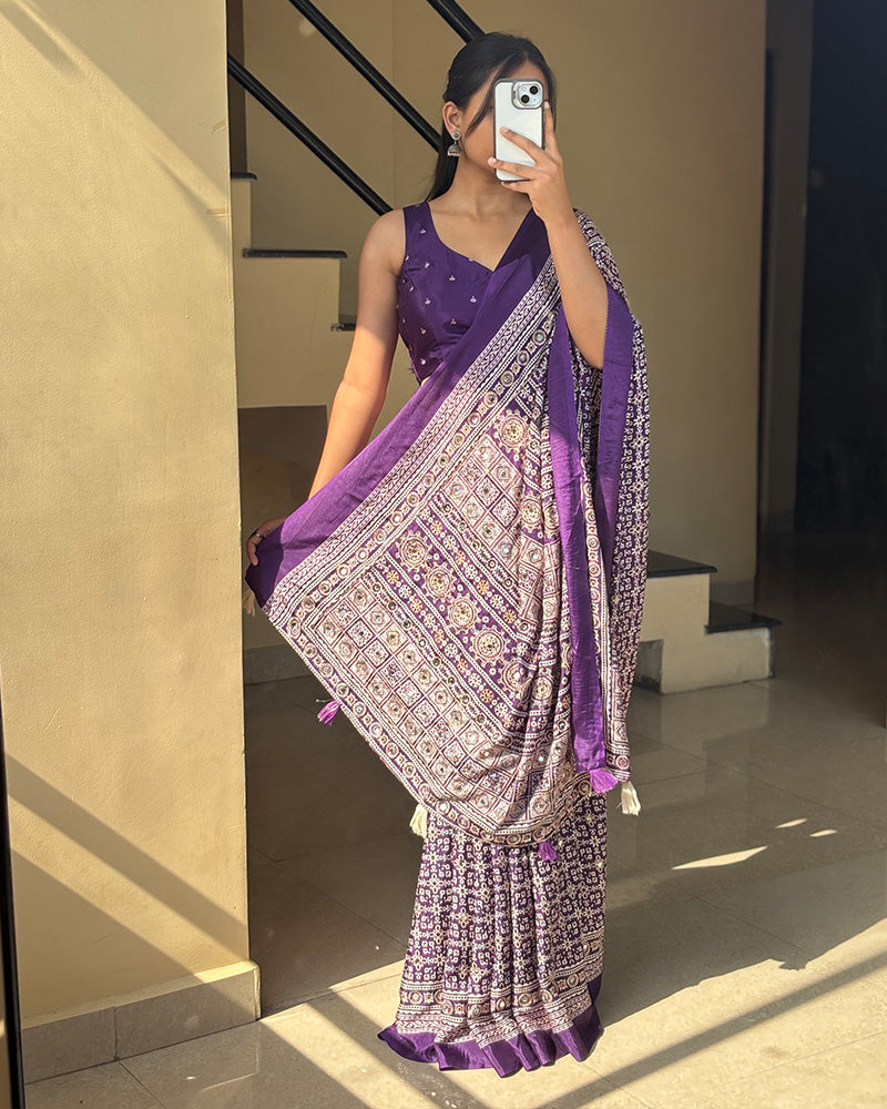 Purple Color Pure Crape Silk Ajarakh Print Saree