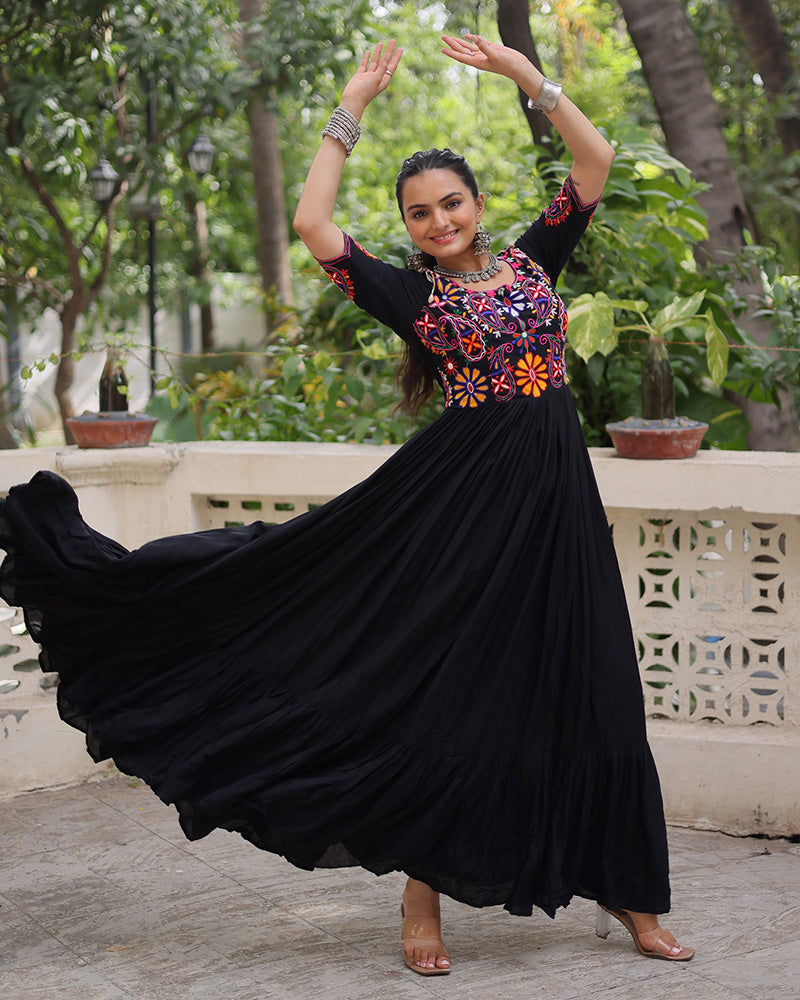 Black Color Rayon Kutchi Gamthi Style Navratri Gown