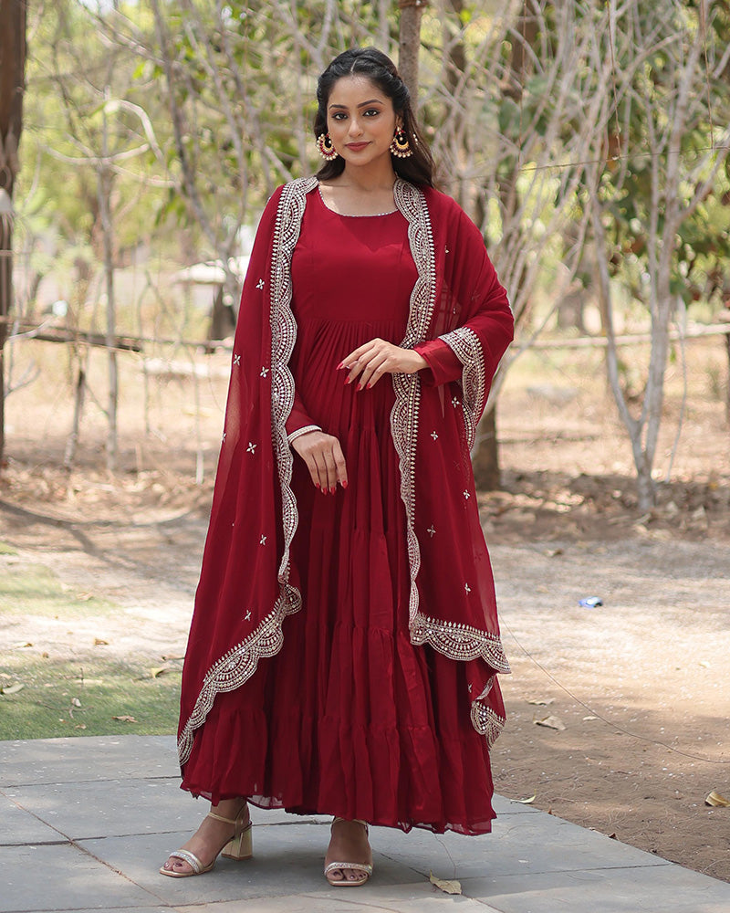 Maroon Color Designer Embroidered Gown With Dupatta