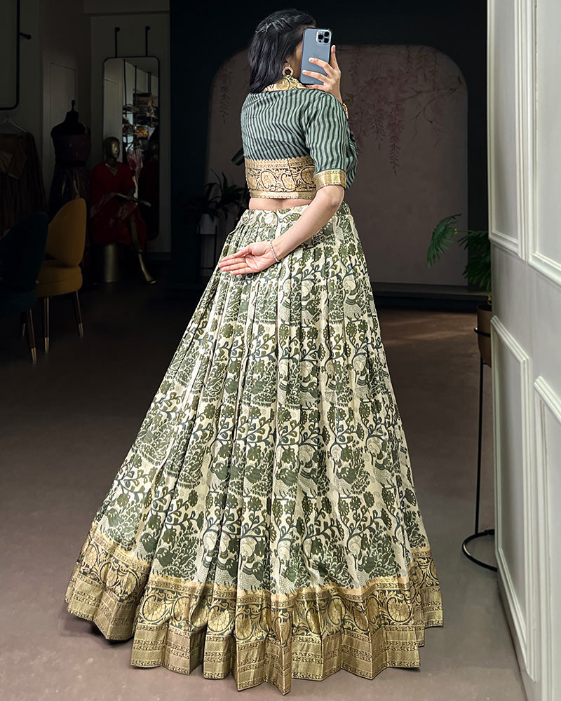 Green Color Tasar Silk Viscose Printed Lehenga Choli