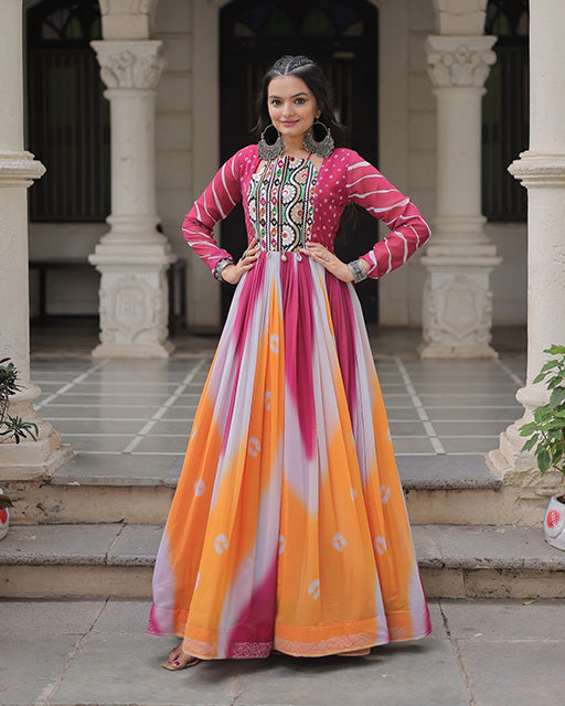 Pink Color Faux Georgette Bandhej Print Navratri Gown