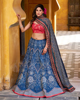 Blue Color Vichitra Silk Printed And Embroidered Lehenga Choli