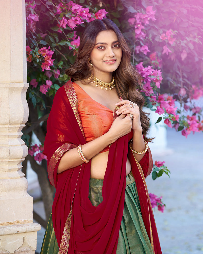 Green Color Kanchipuram Silk Designer Half Saree