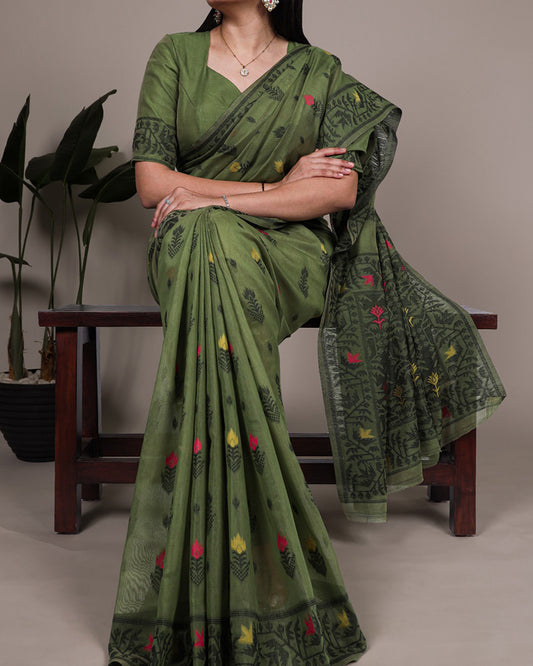 Mehndi Color Thread Weaving Poly Cotton Saree