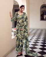 Mehndi Color Weightless Marble Printed Saree