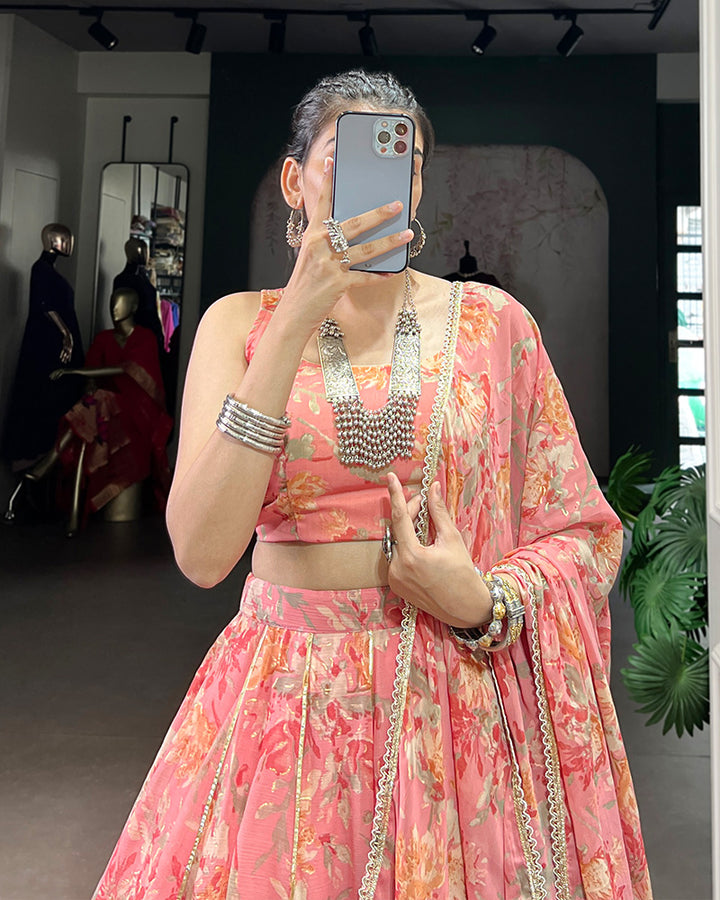 Peach Color Chiffon Printed Lehenga Choli