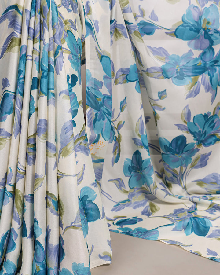 Sky Blue Color Satin Silk Floral Printed Saree