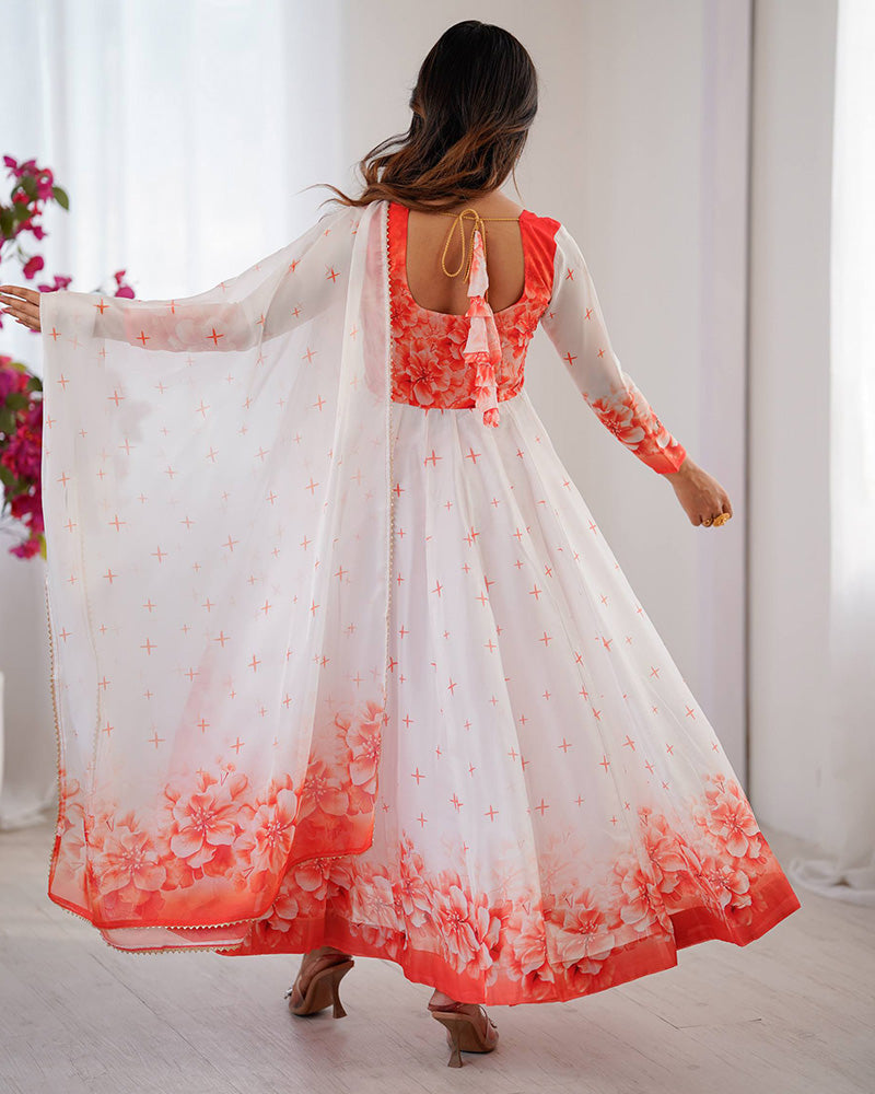 Orange Color Flower Print Tabby Organza Anarkali Suit
