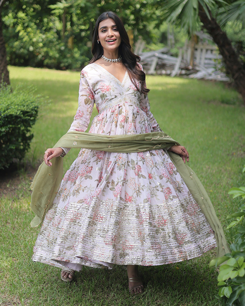 Wedding Wear Floral Embroidered Off White Color Alia Cut Gown With Dupatta