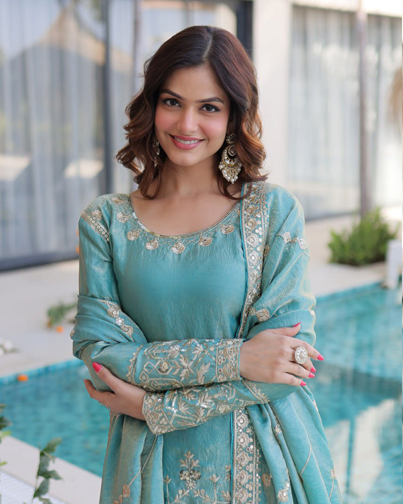 Sky Color Fendi Crush Embroidered Plazzo Suit