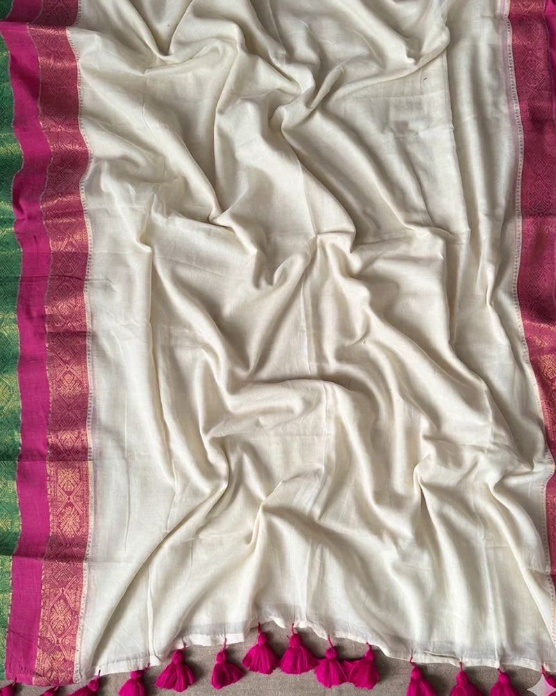 Elegance White Color Mal Cotton Kanchivaram Saree