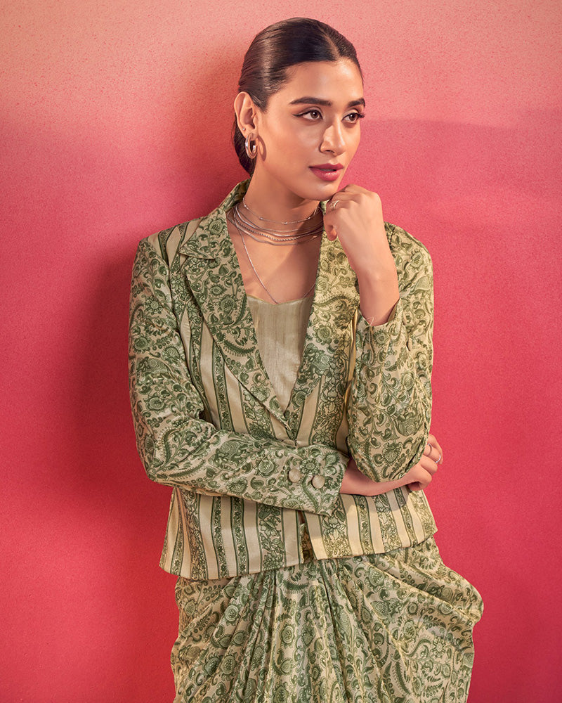 Pista Green Printed Jacket Style Indo-Western Co-Ord Set