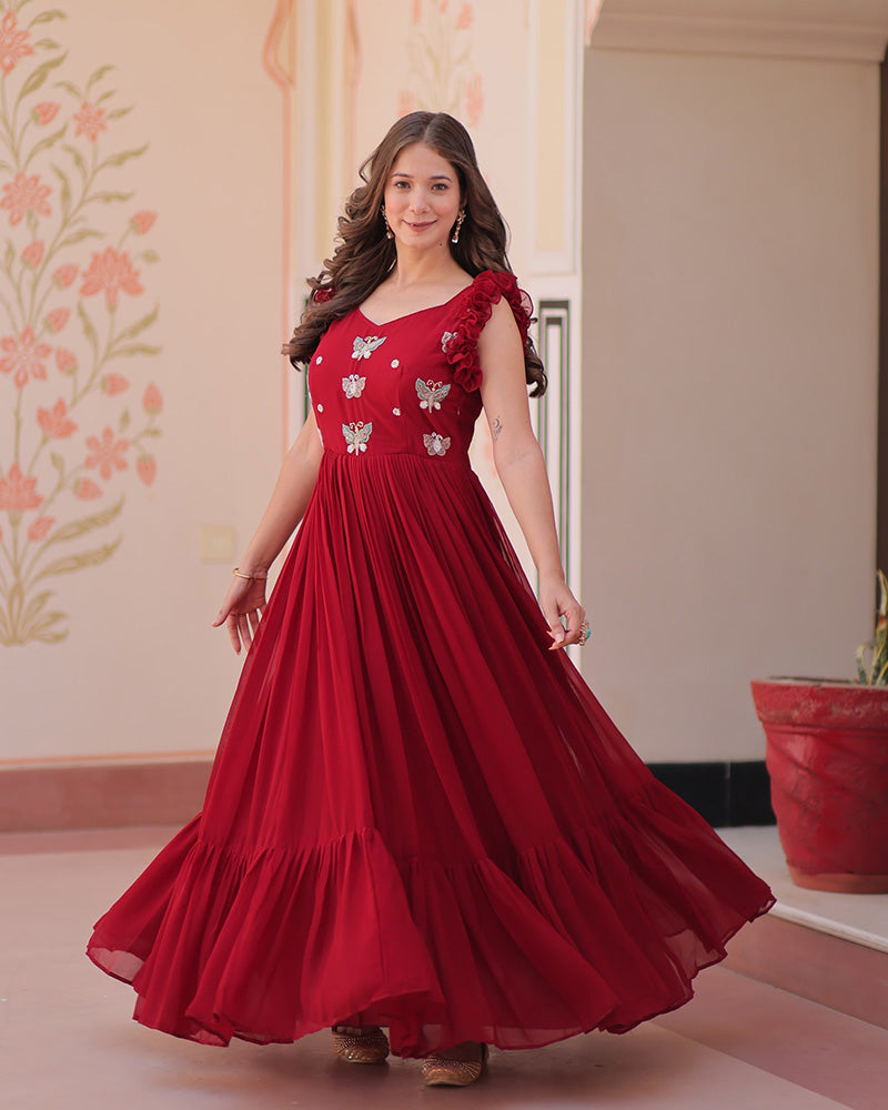 Red Color Faux Blooming Embroidered work Gown