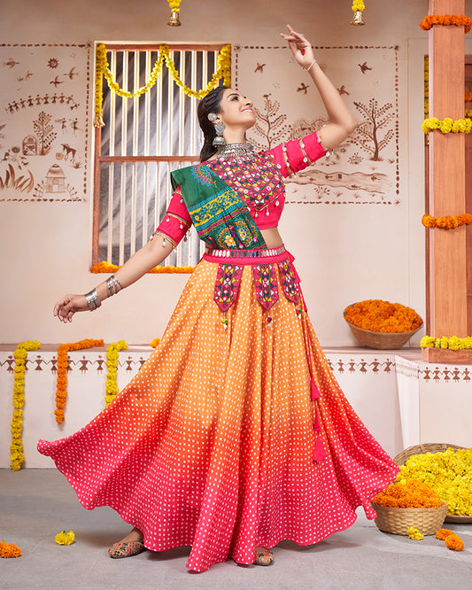 Yellow Pink Color Viscose Rayon Print And Mirror Work Fully Stitched Navratri Lehenga Choli