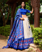 Royal Blue Color Tussar Silk Patola Printed Lehenga Choli