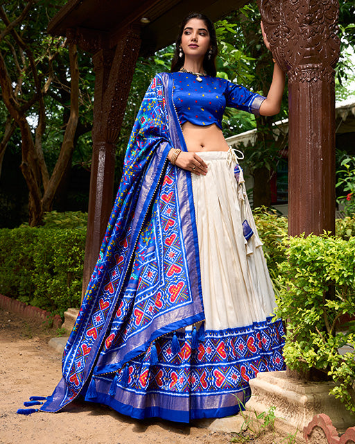 Royal Blue Color Tussar Silk Patola Printed Lehenga Choli