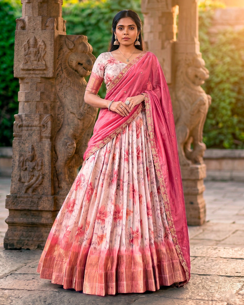 Red Color Dola Chex Floral Printed Half Saree