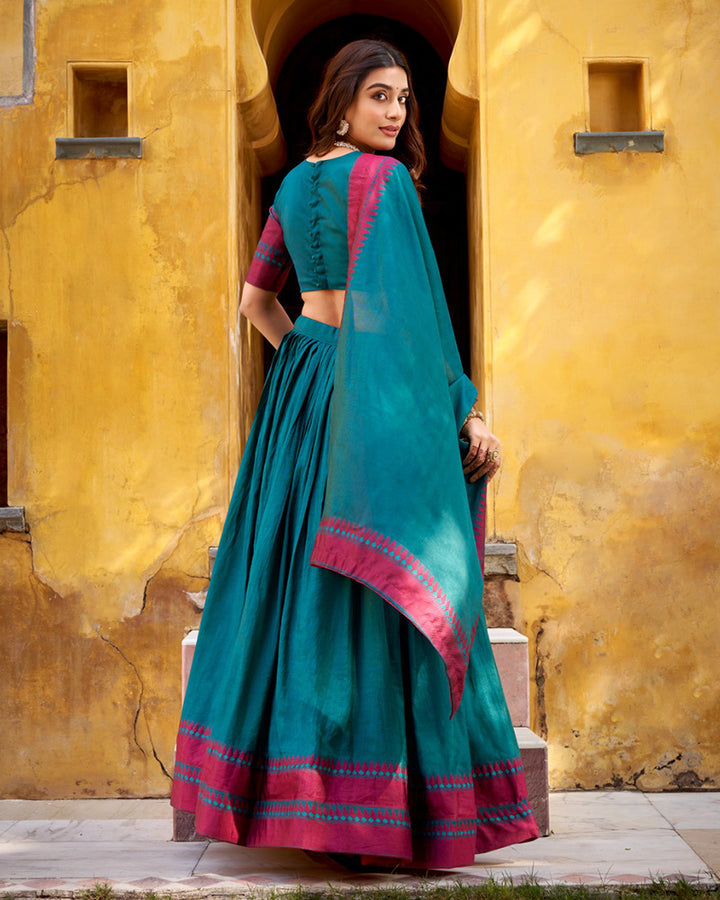 Teal Green Color Pure Chanderi Threaded Half Saree