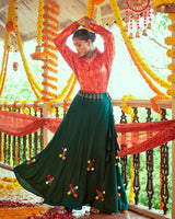 Tomato Red And Green Color Cotton Printed Fully Stitched Navratri Lehenga Choli