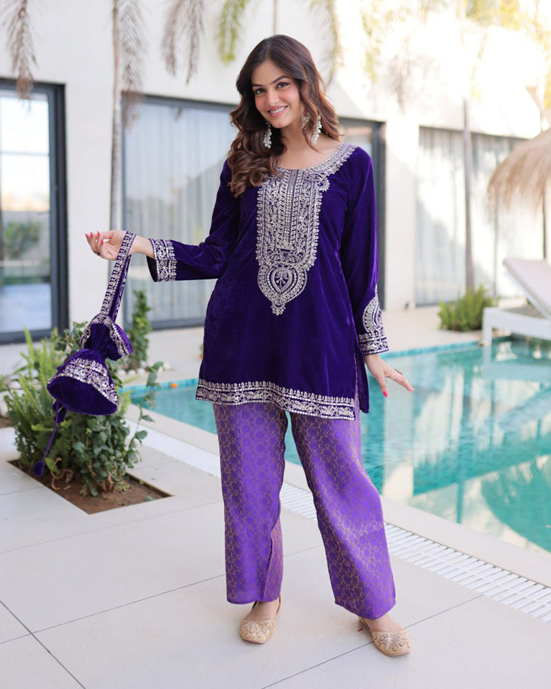 Purple Color Velvet Embroidered Kurti Suit