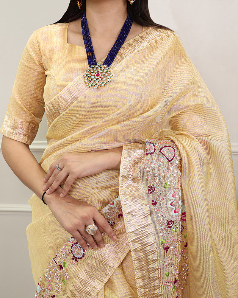 Yellow Color Embroidered Kota Tissue Saree