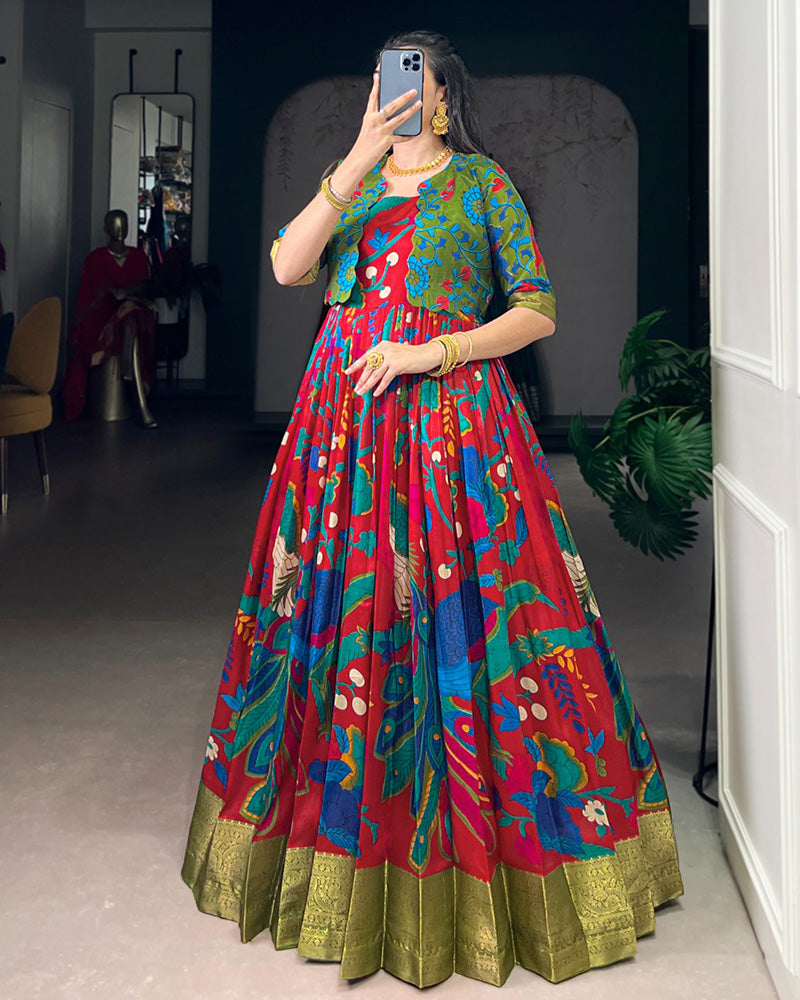 Maroon Color Tasar Silk Printed Gown With Koti