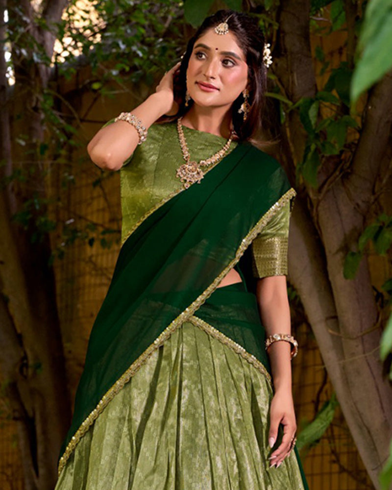 Pista Color Dupion Silk Zari Weaving Half Saree