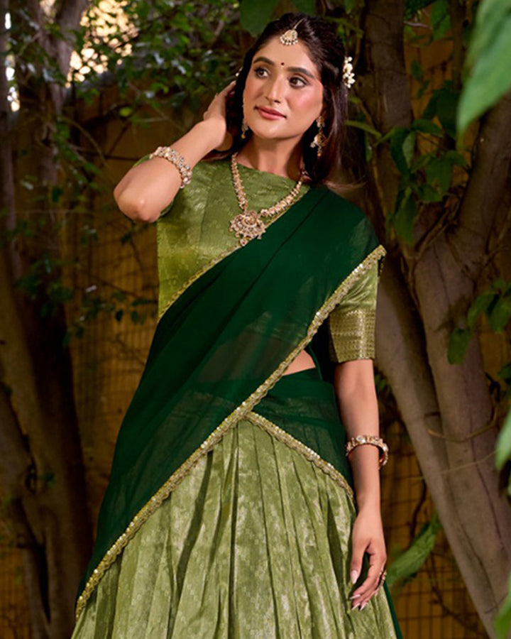 Pista Color Dupion Silk Zari Weaving Half Saree