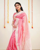 Baby Pink Soft Linen Cotton silk Saree