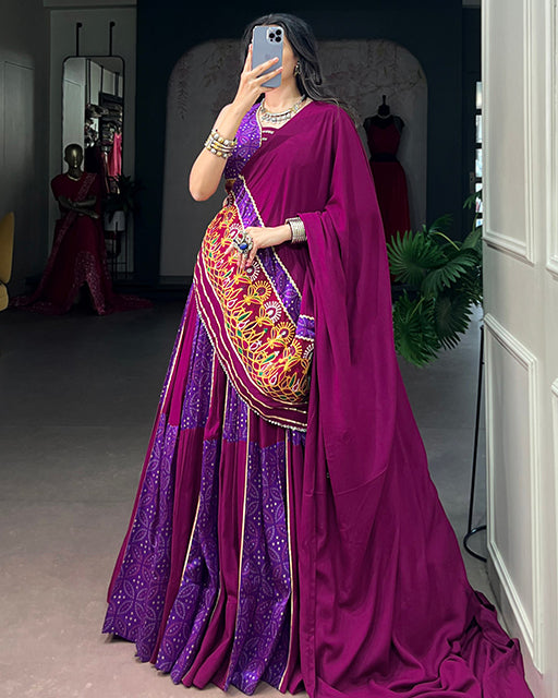 Rani Pink Color Rayon Tussar Silk Navratri Lehenga Choli