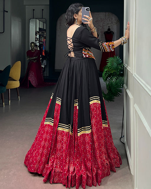 Red And Black Color Rayon Bandhani Print Navratri Lehenga Choli