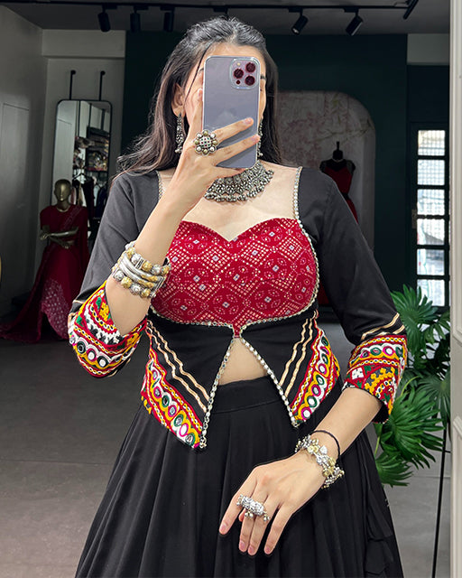 Red And Black Color Rayon Bandhani Print Navratri Lehenga Choli