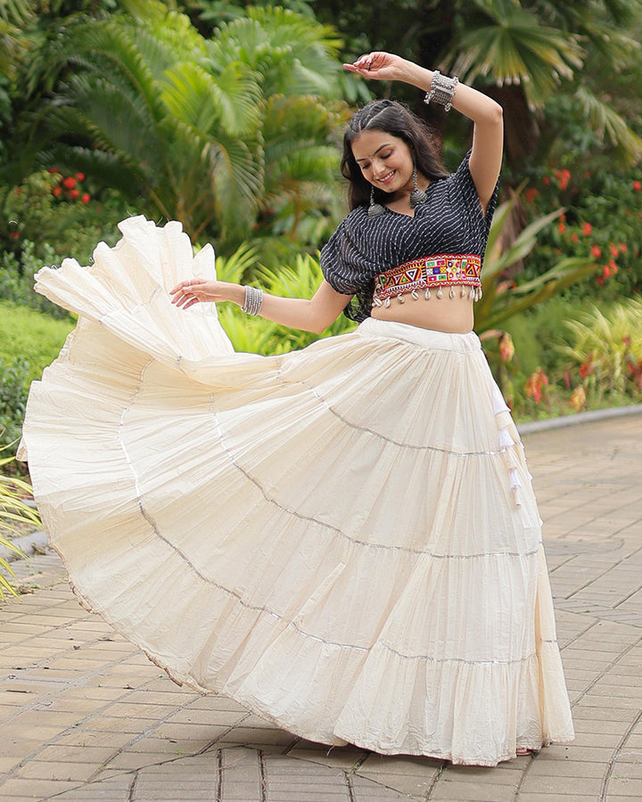 White Color Kora Cotton Lehenga With Black Choli