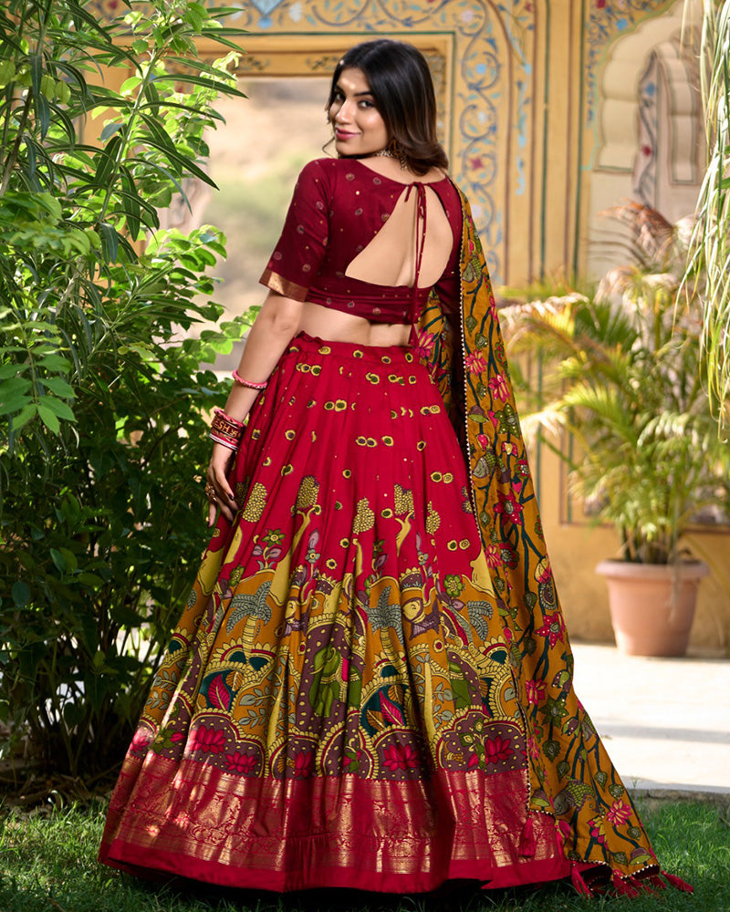 Red Color Tussar Silk Kalamkari Printed Navratri Lehenga Choli