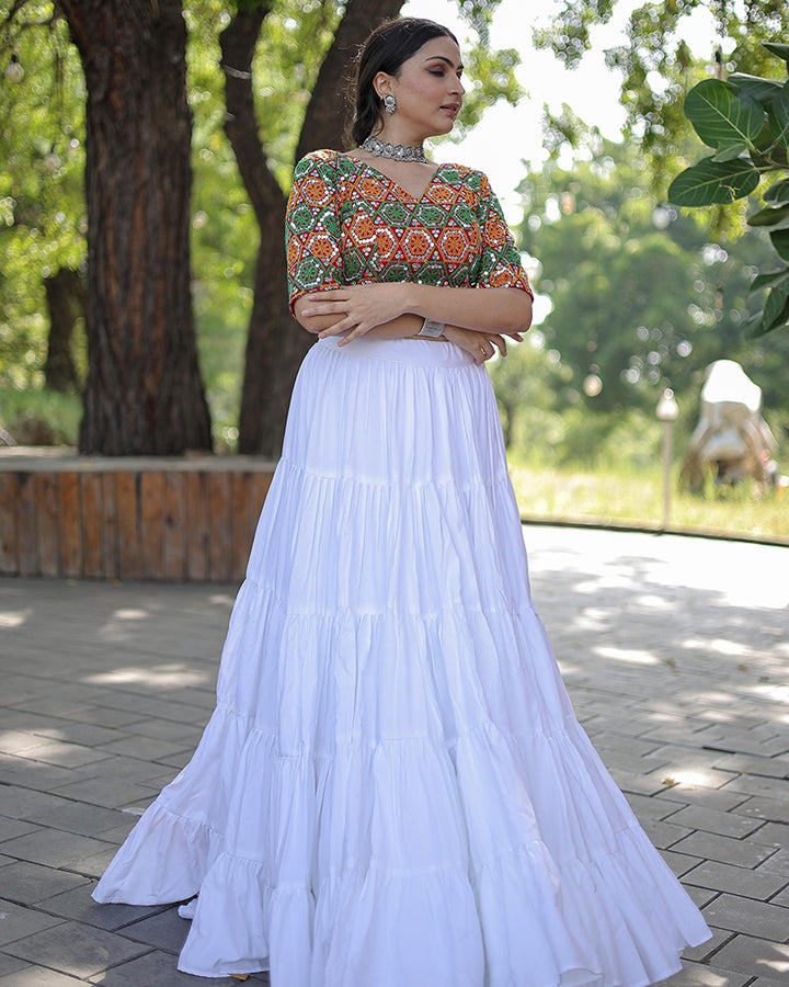 White Color Rayon Full Flair Navratri Lehenga Choli