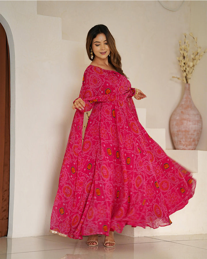 Rani Pink Color Bandhej Print Soft Chiffon Anarkali Gown