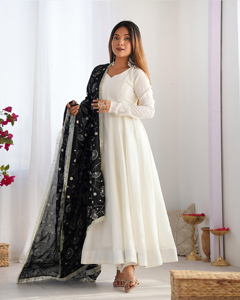 White Color Soft Vichitra Silk Anarkali With Black Dupatta