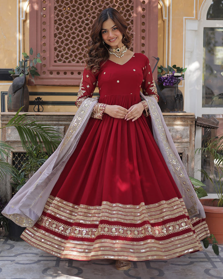 Rusty Red Color Faux Blooming Zari Embroidered Work Gown