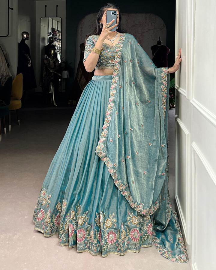 Sky Blue Color Zari Shimmer Thread Embroidered Lehenga Choli
