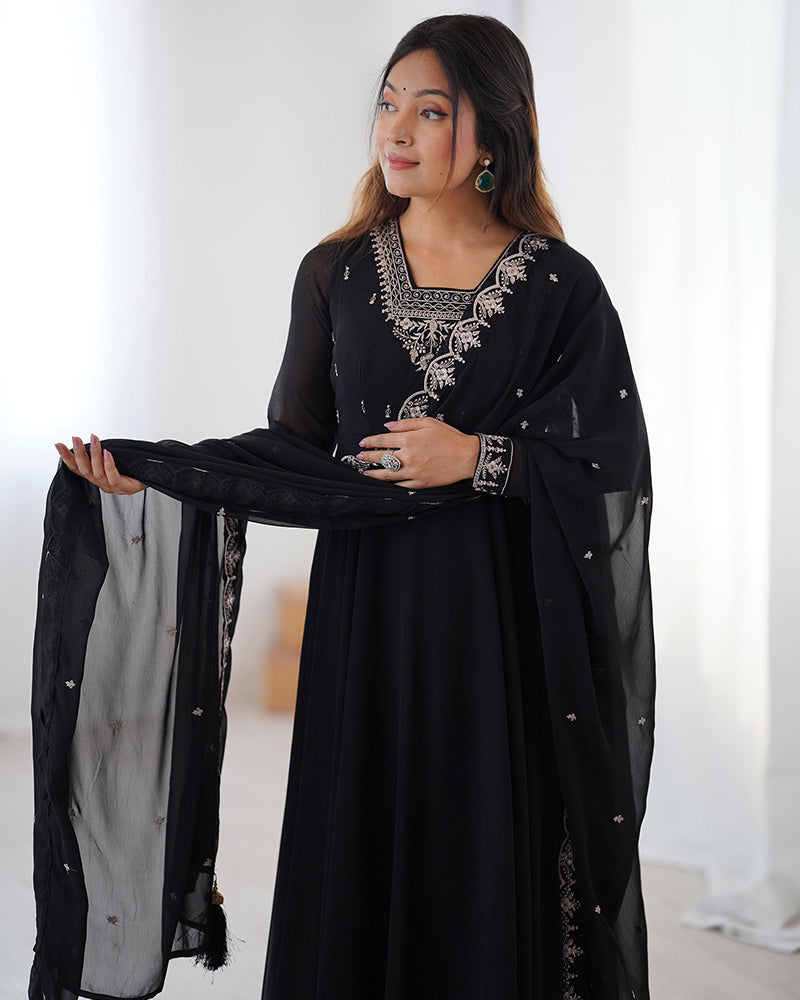 Black Color Georgette Embroidered Three Piece Anarkali Suit