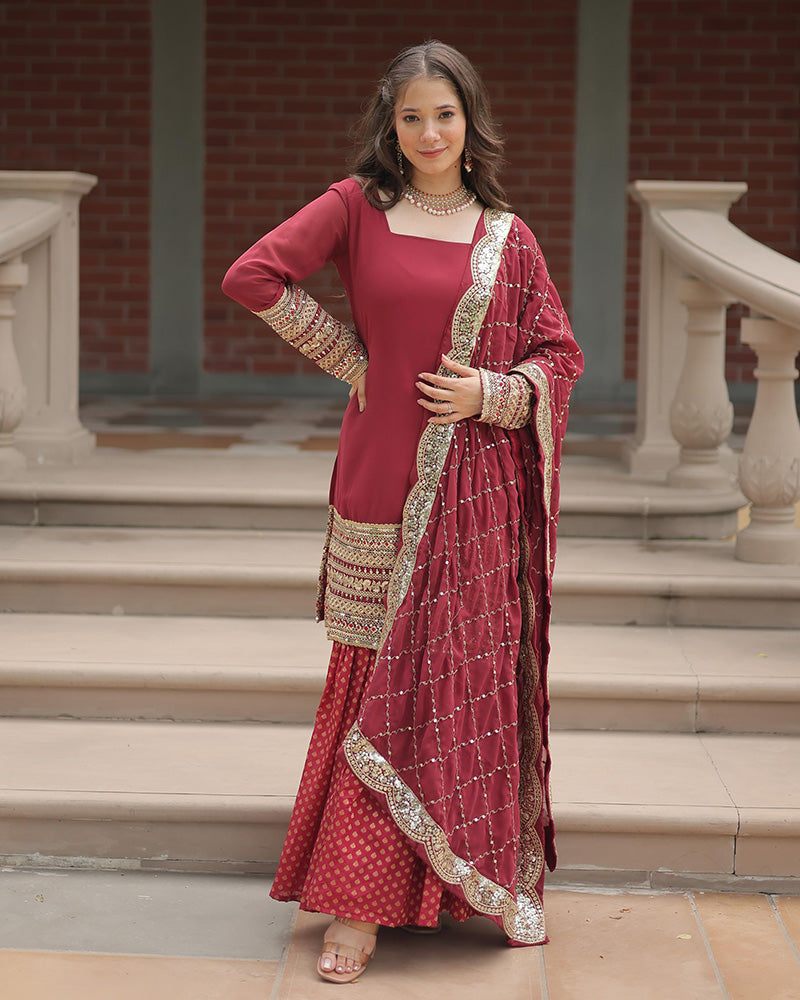 Maroon Color Georgette And Jacquard Sharara Suit