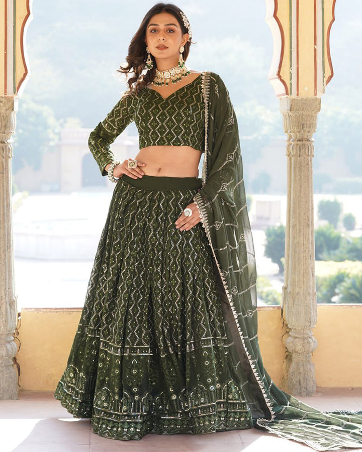 Dark Green Color Georgette Heavy Embroidery Threaded Semi Stitched Lehenga Choli